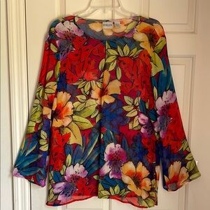 Chico's Vibrant 100% Silk Sheer Floral Blouse - Red, Blue, Green. Size 2